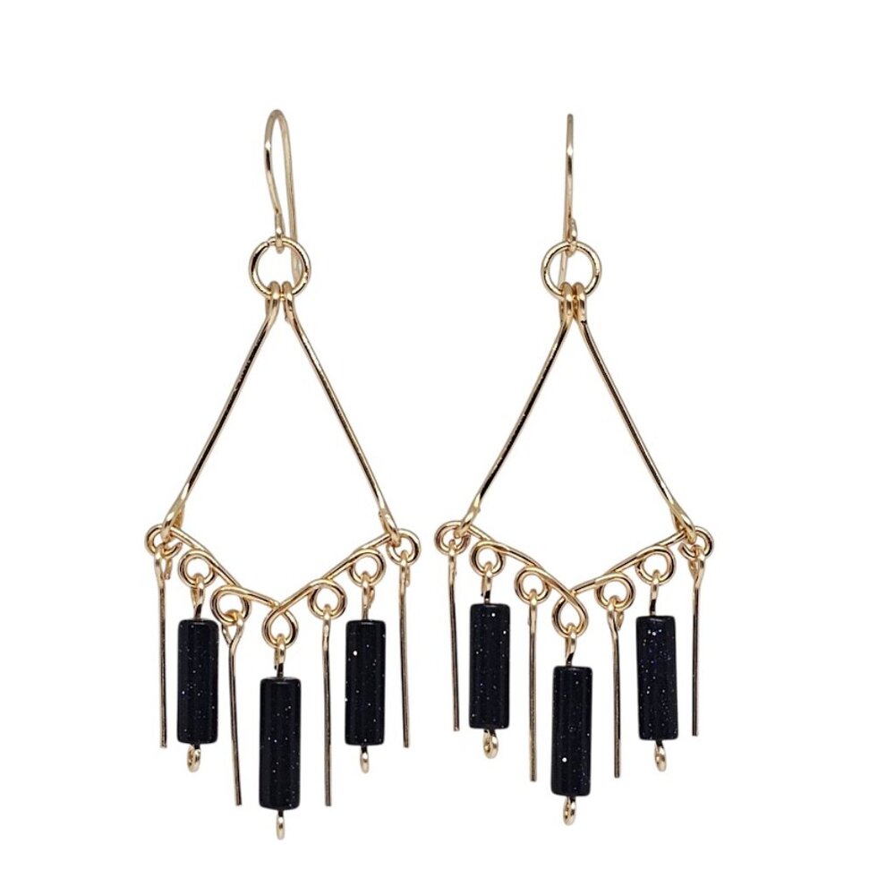 Handmade Blue Goldstone Gemstone Beads Gold Chandelier Boho Dangle Earrings
